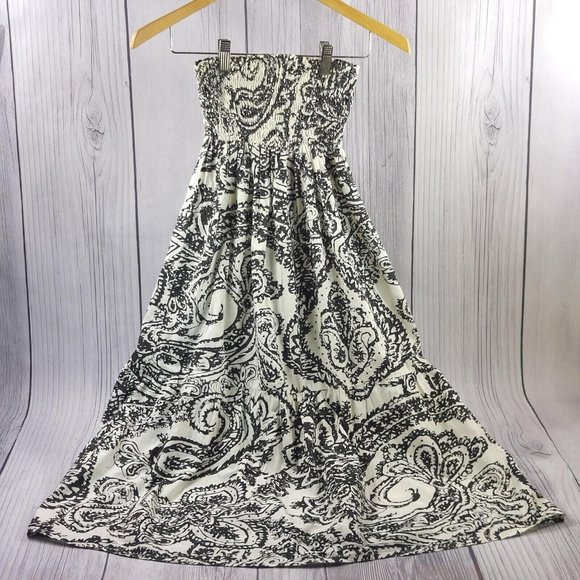 Strapless Summer Dress Ruffle Hem Shirred Detail Tube Dress Black/Beige Size S - Picture 1 of 11